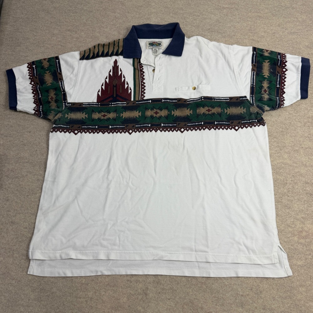 Cumberland Outfitters Vintage Southwestern Aztec Polo Shirt Mens XXL White